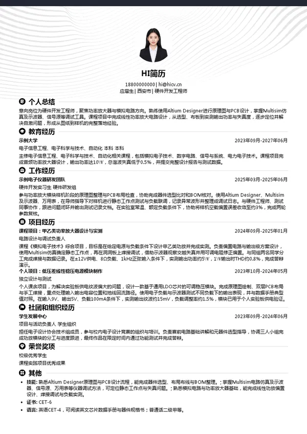 Aigtek安泰电子硬件开发工程师投递简历模板