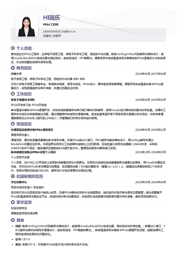 浙江微能科技有限公司FPGA工程师投递简历模板