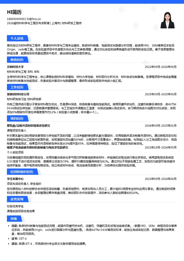 材料研发工程师简历模板