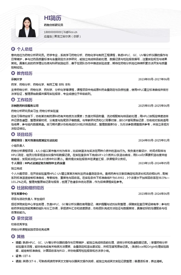 哈三联药物分析研究员投递简历模板