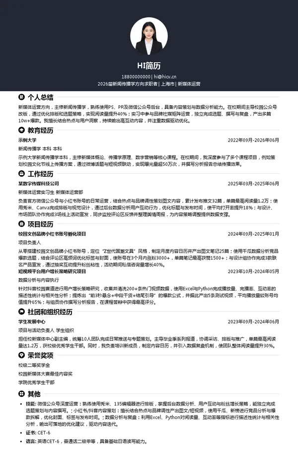 四大新媒体运营简历模板