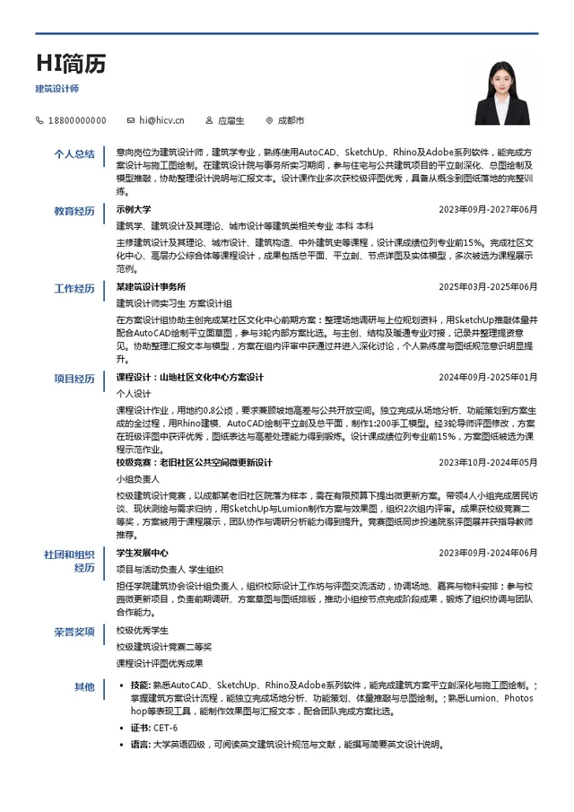 四川省建筑设计研究院有限公司建筑设计师投递简历模板