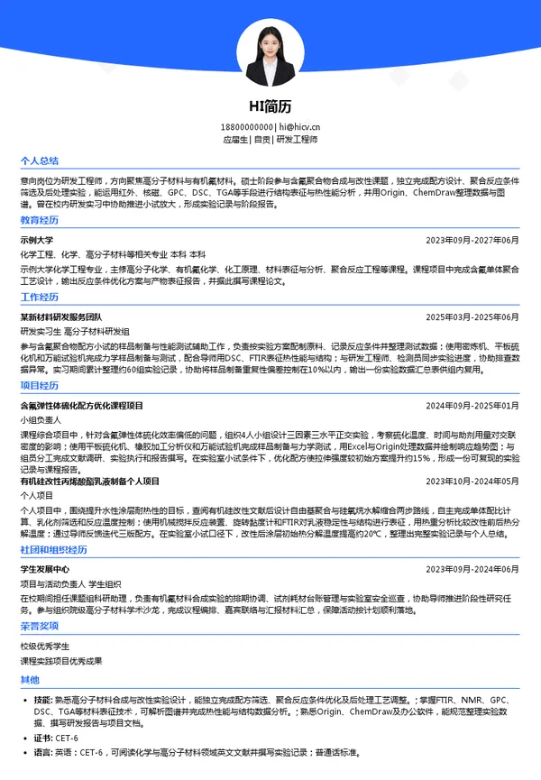 中昊晨光研发工程师投递简历模板