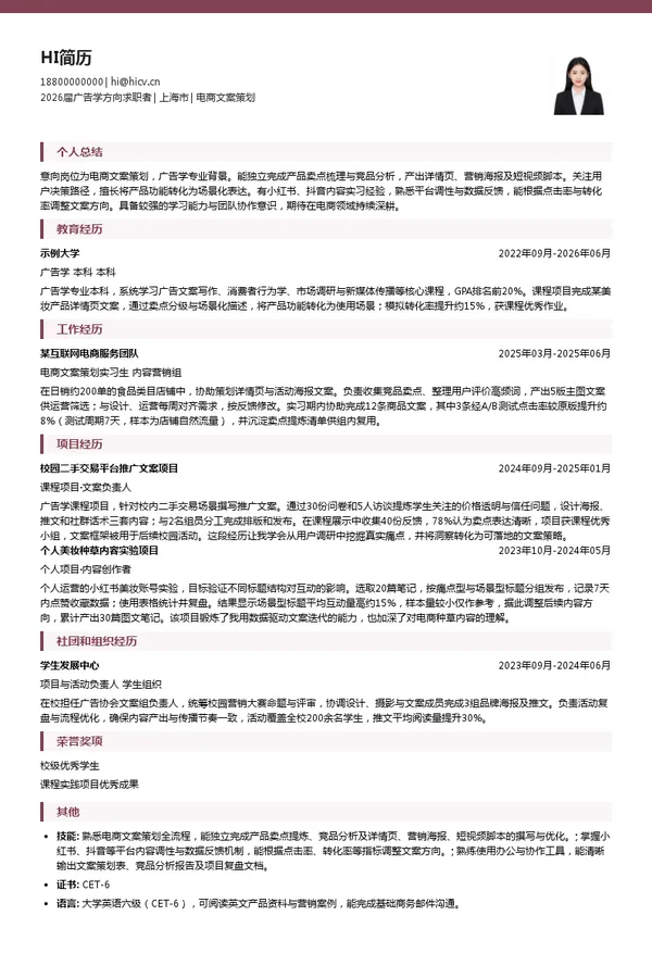 电商文案策划简历模板