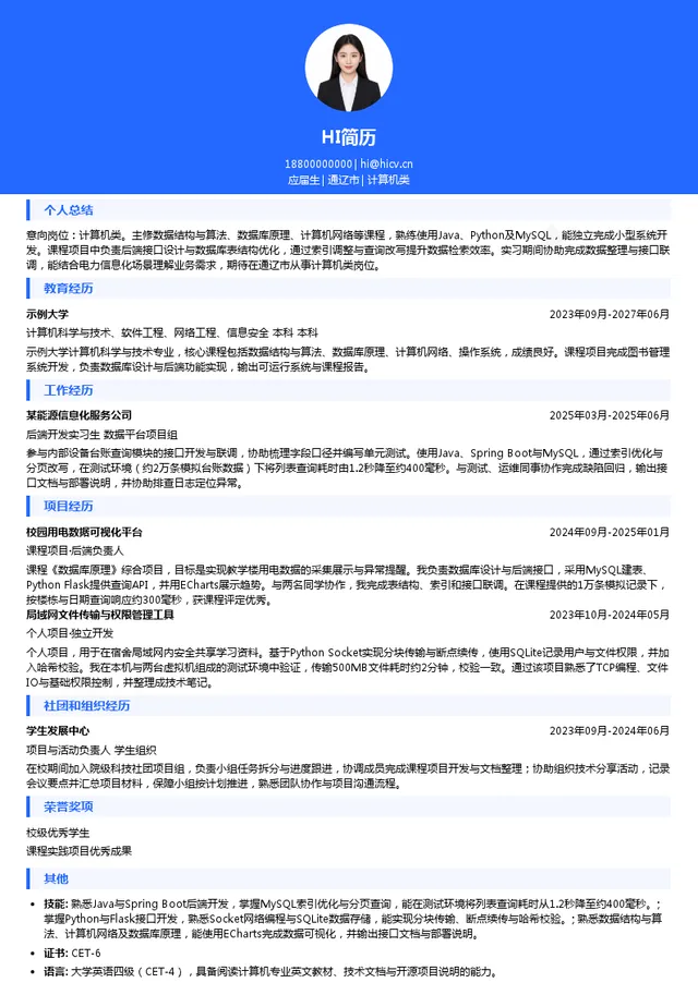 国网内蒙古东部电力有限公司计算机类投递简历模板