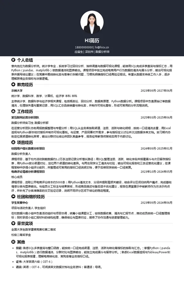 深圳遨腾云创科技有限公司数据分析师投递简历模板