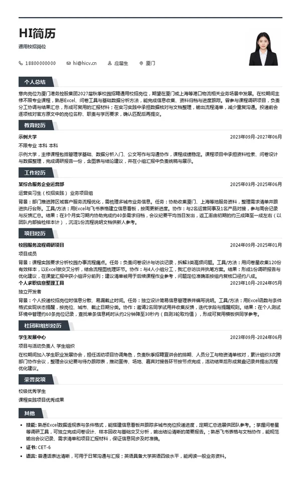 厦门港务控股集团通用校招岗位投递简历模板