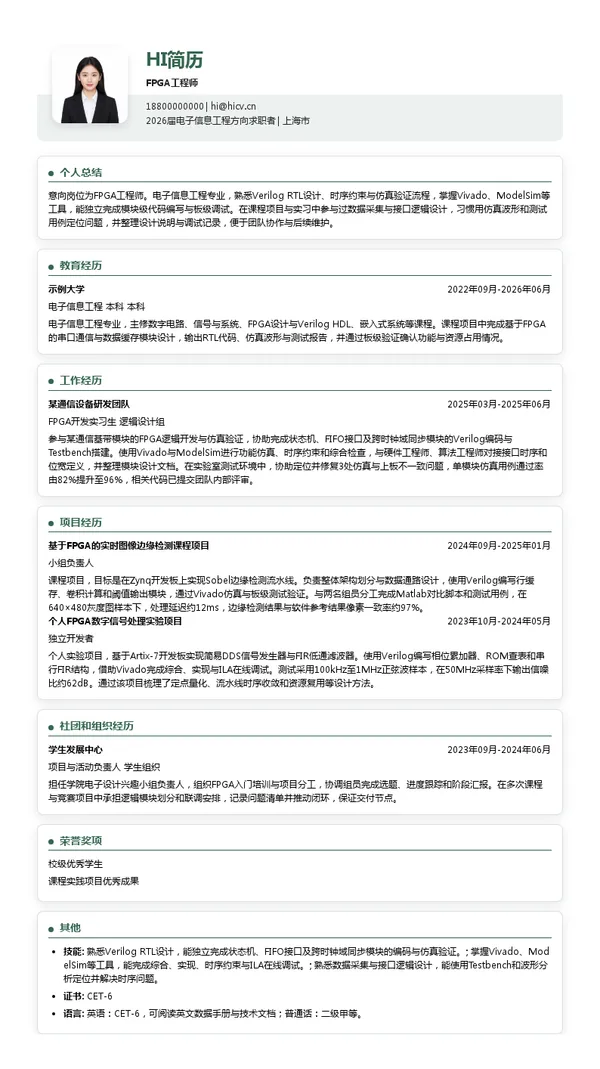 社招FPGA工程师简历模板