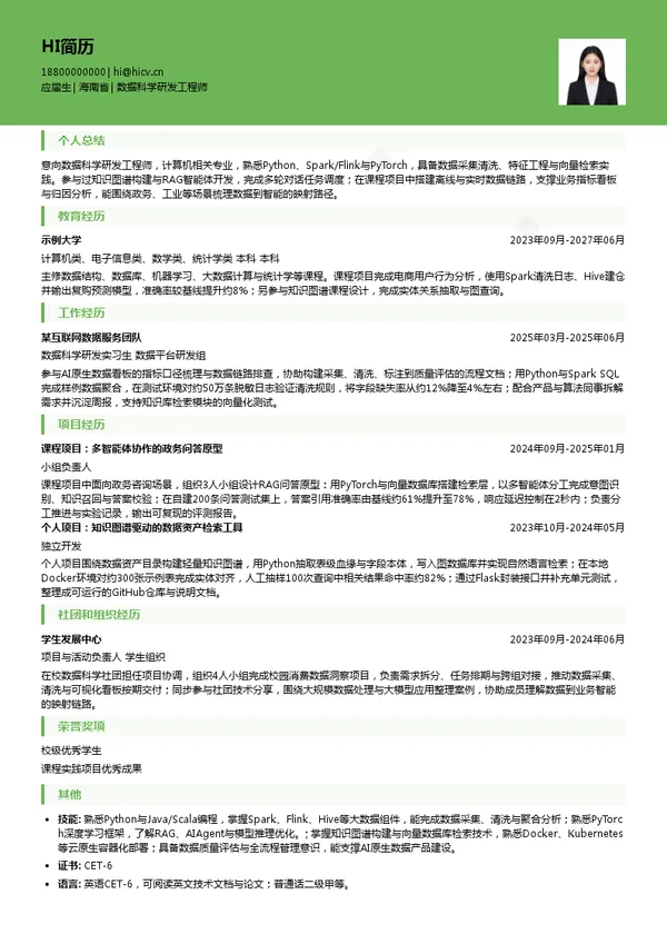中国联合网络通信有限公司海南省分公司数据科学研发工程师投递简历模板
