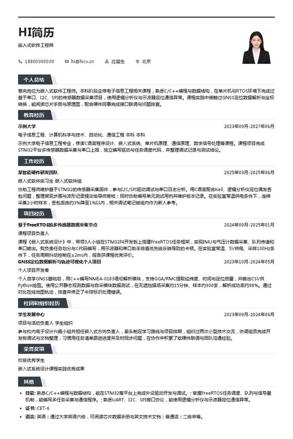 北京合众思壮科技股份有限公司嵌入式软件工程师投递简历模板
