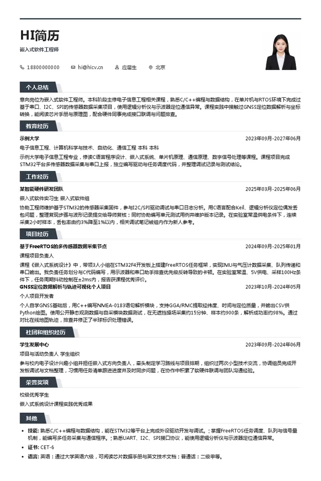 北京合众思壮科技股份有限公司嵌入式软件工程师投递简历模板