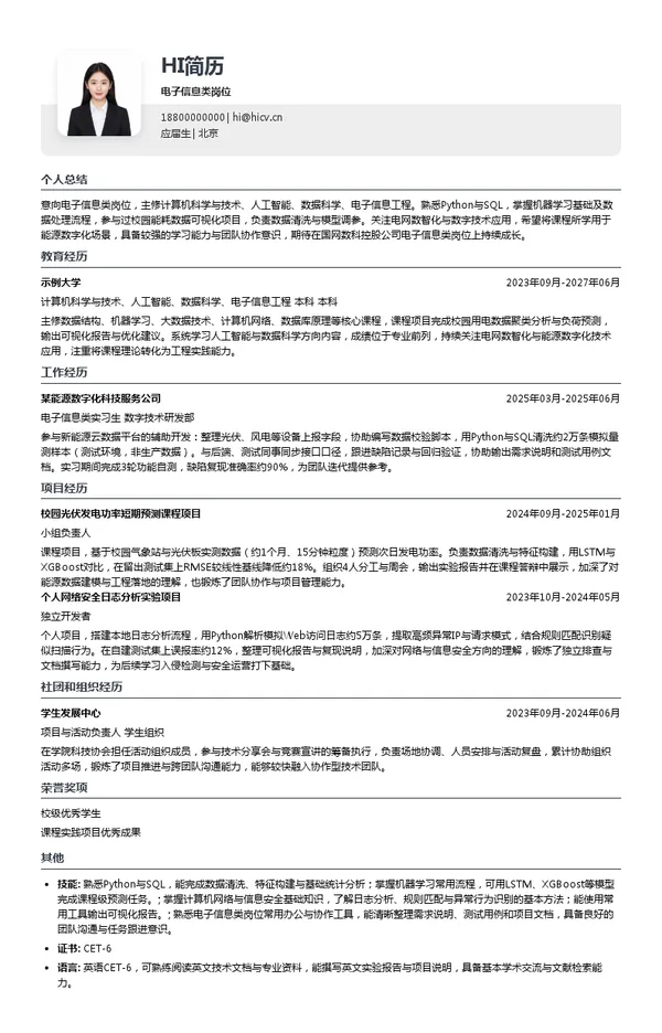 国网数科控股公司电子信息类岗位投递简历模板