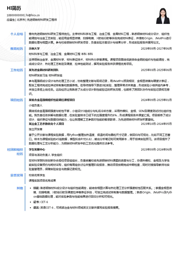 钢铁研究总院有限公司先进钢铁材料研发工程师投递简历模板