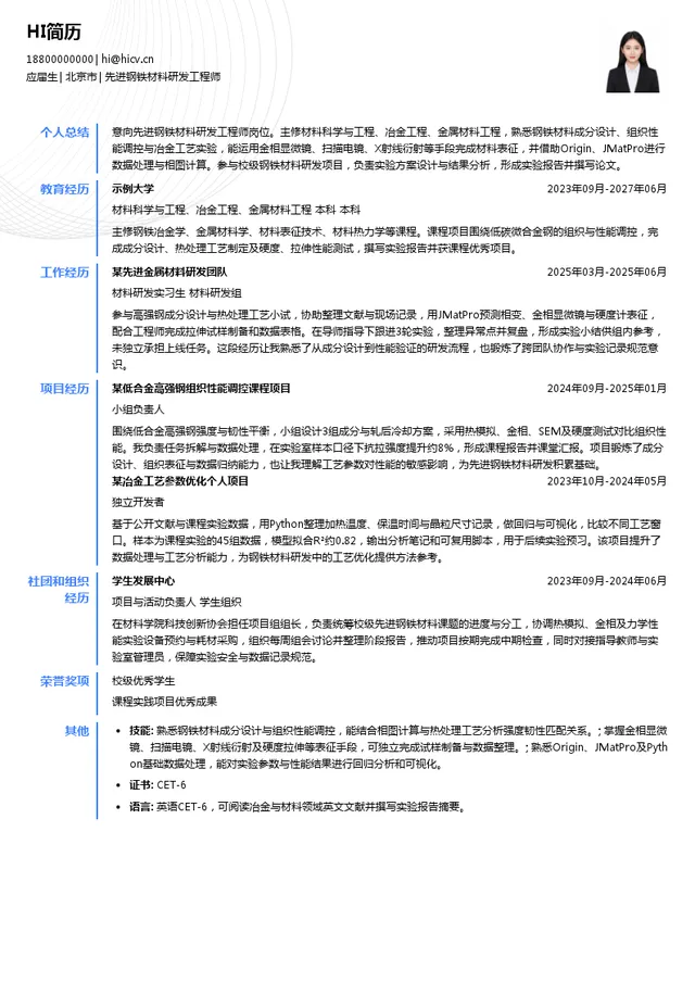 钢铁研究总院有限公司先进钢铁材料研发工程师投递简历模板