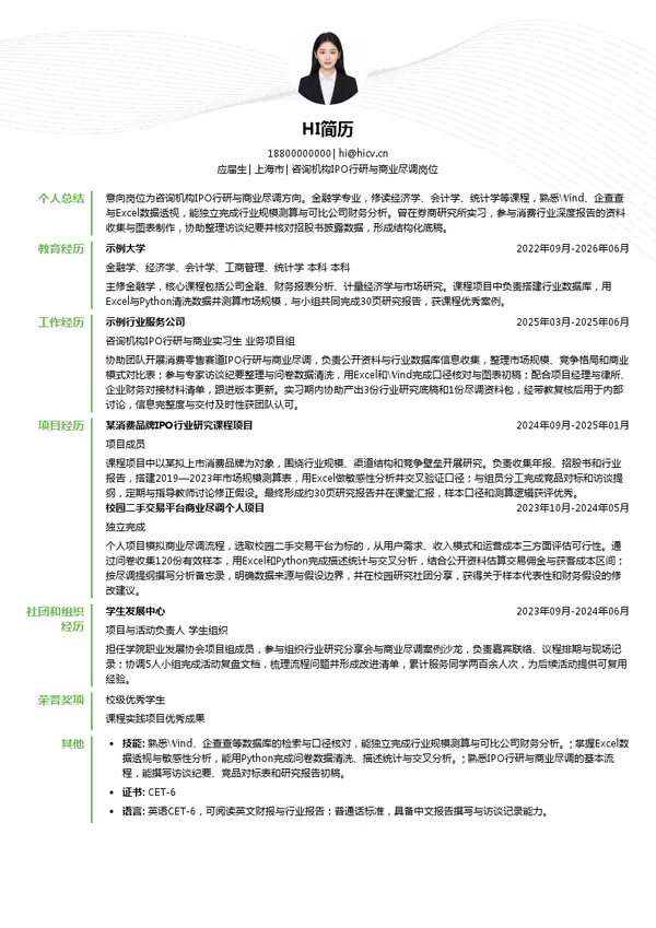 灼识咨询（上海）有限公司咨询机构IPO行研与商业尽调岗位投递简历模板