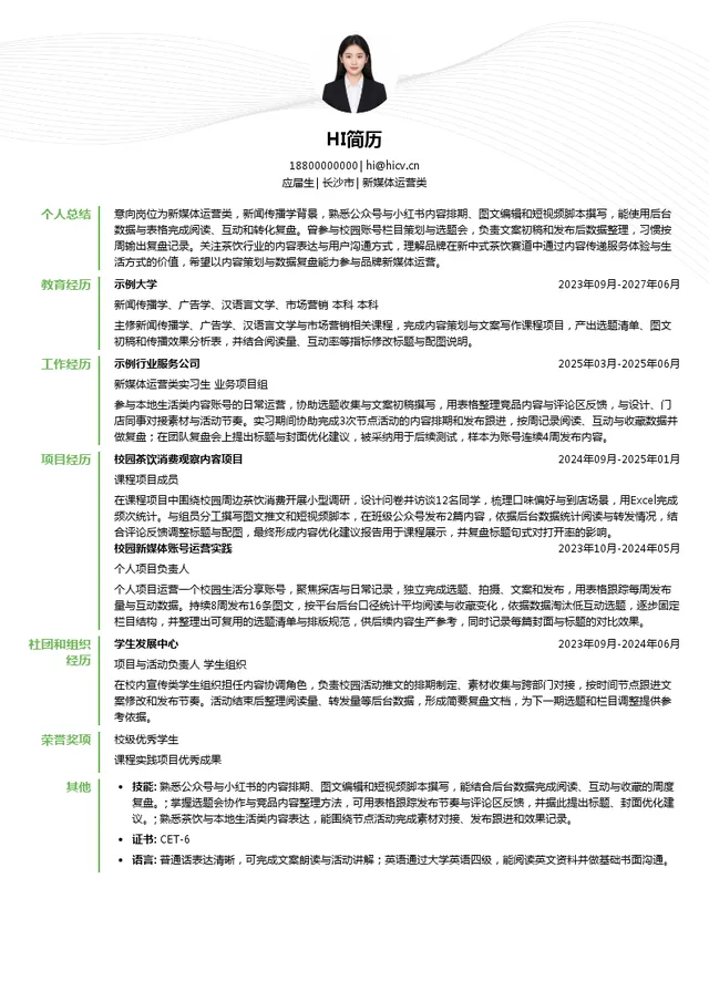 湖南茶悦文化产业发展集团有限公司新媒体运营类投递简历模板
