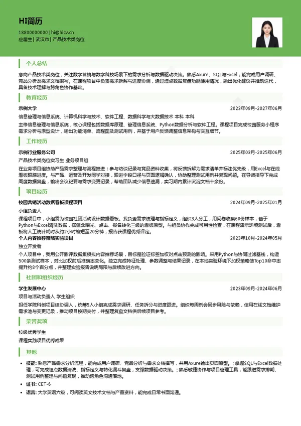 武汉卓尔数科信息科技有限公司产品技术类岗位投递简历模板