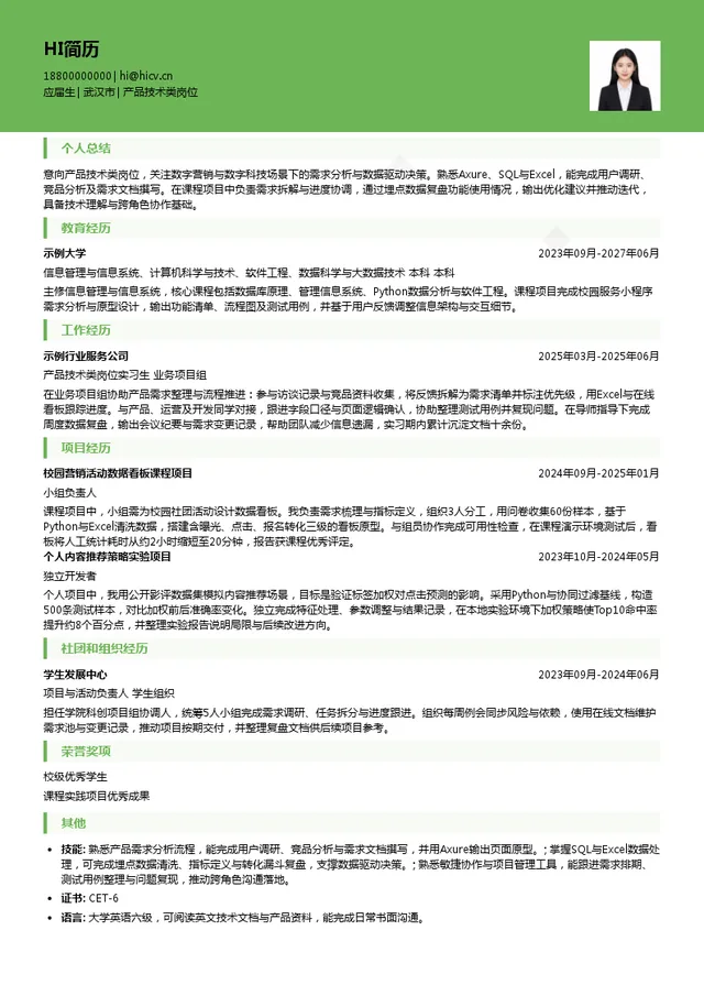 武汉卓尔数科信息科技有限公司产品技术类岗位投递简历模板