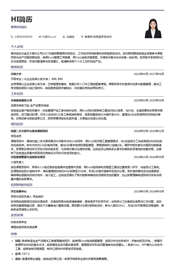 金正大贵州公司通用校招岗位投递简历模板