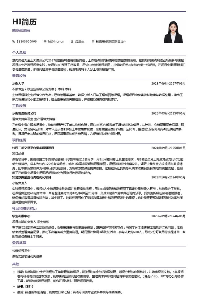 金正大贵州公司通用校招岗位投递简历模板