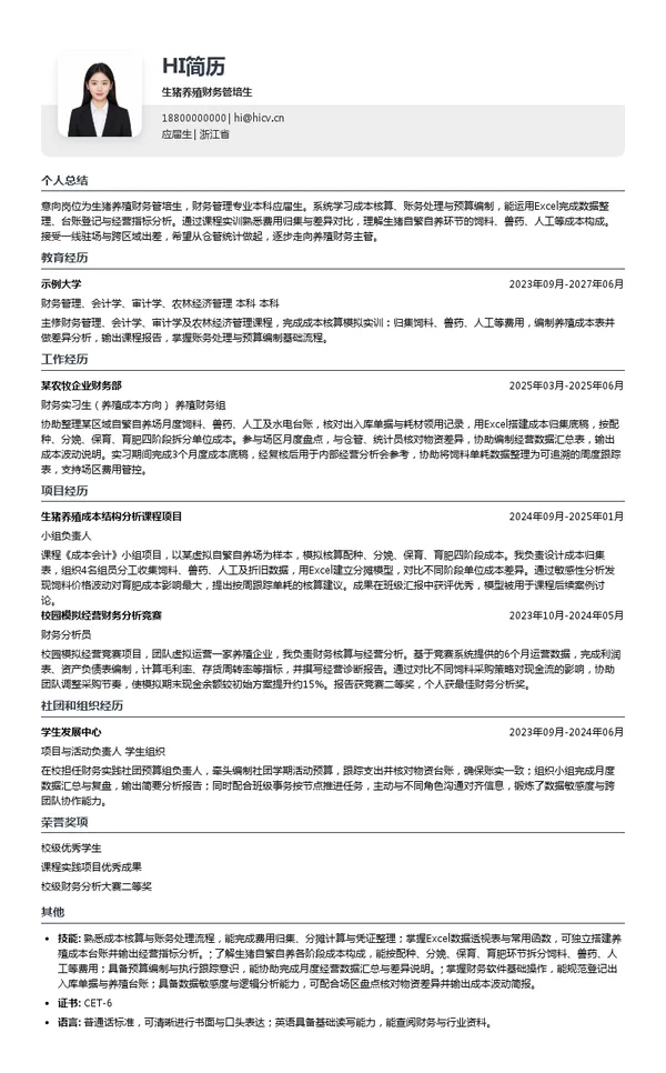 青岛禧莱安食品有限公司生猪养殖财务管培生投递简历模板