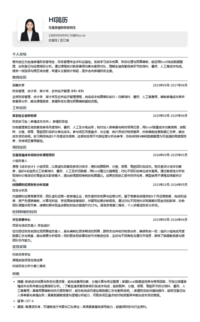 青岛禧莱安食品有限公司生猪养殖财务管培生投递简历模板