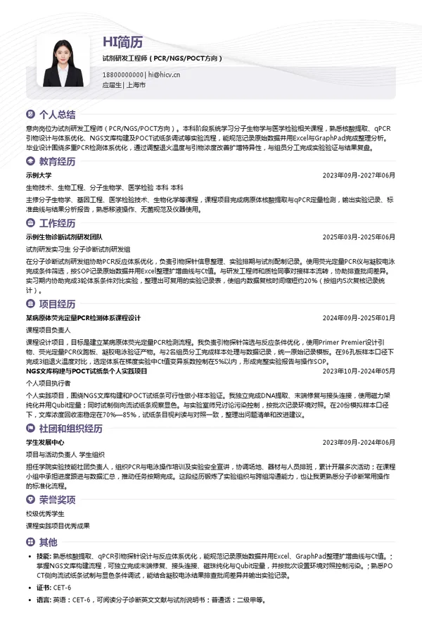 上海之江生物科技股份有限公司试剂研发工程师（PCR/NGS/POCT方向）投递简历模板