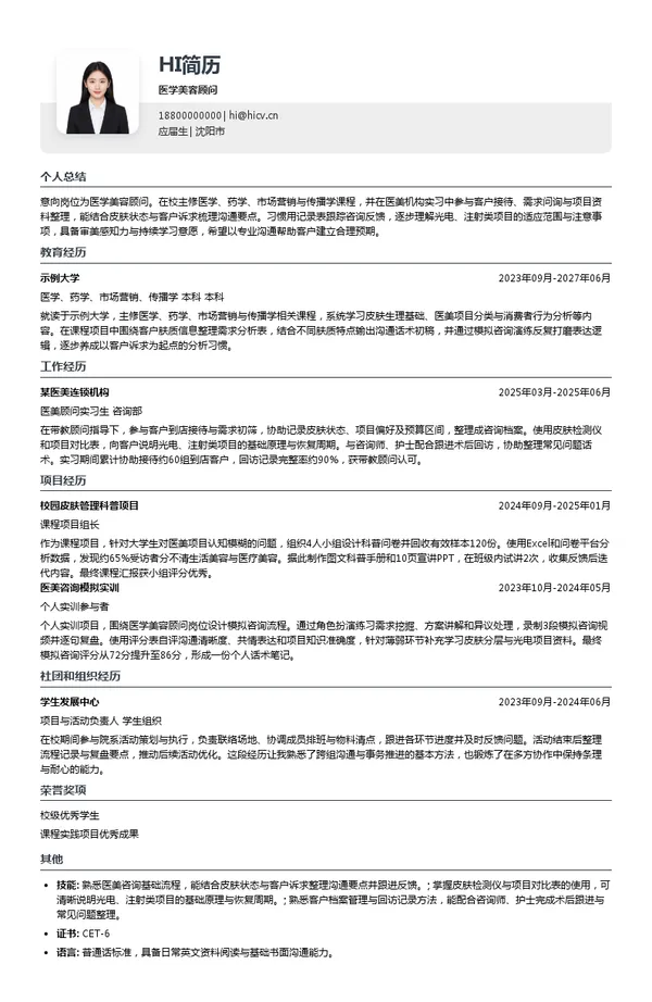 邛崃市文君街道妤美妍美容店医学美容顾问投递简历模板