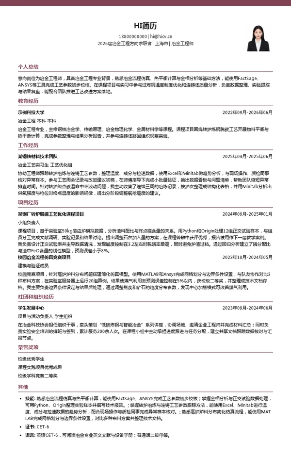 冶金工程师简历模板