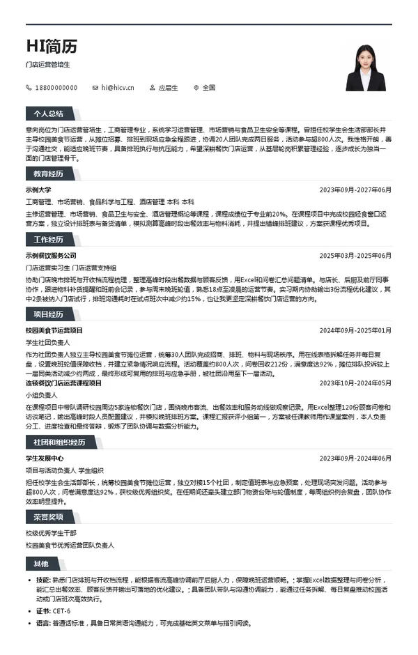木屋烧烤门店运营管培生投递简历模板