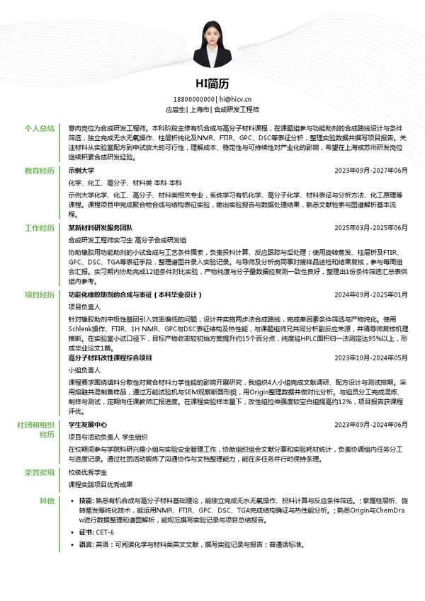 上海麒祥新材料科技股份有限公司合成研发工程师投递简历模板