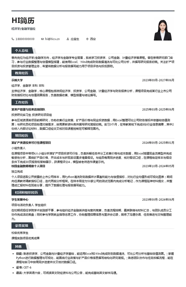陕西地矿投资有限公司经济学/金融学岗位投递简历模板
