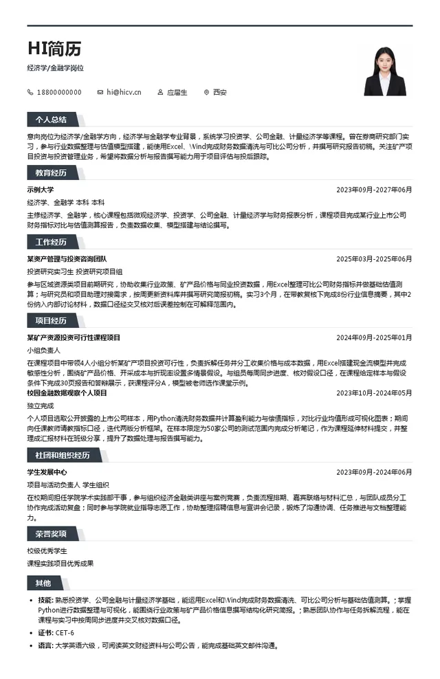 陕西地矿投资有限公司经济学/金融学岗位投递简历模板