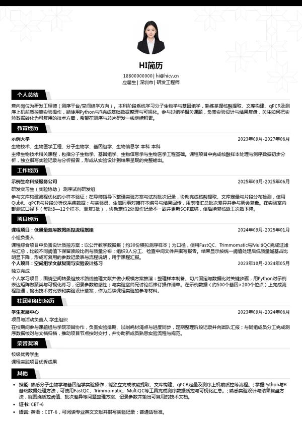 赛陆研发工程师投递简历模板