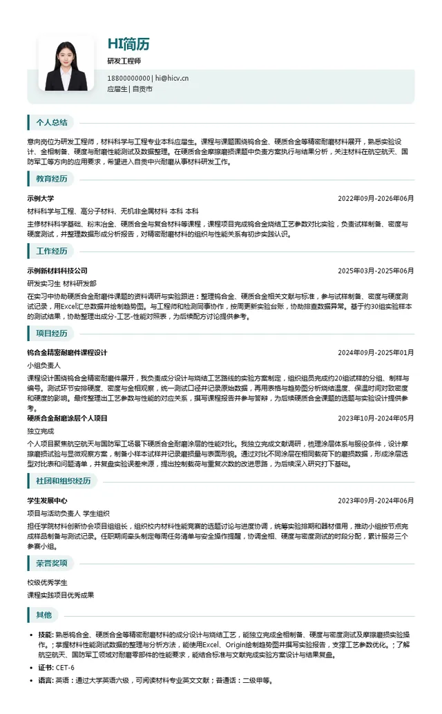 自贡中兴耐磨新材料有限公司研发工程师投递简历模板
