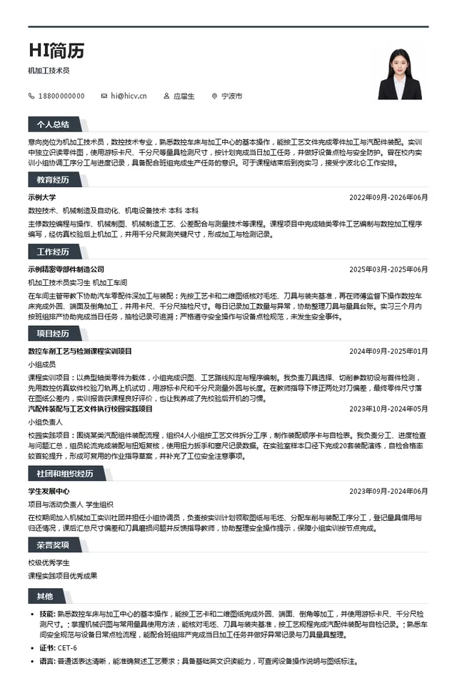 极光湾（宁波）智能科技有限公司机加工技术员投递简历模板