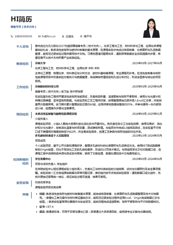 福建元力活性炭股份有限公司储备专员（技术方向）投递简历模板