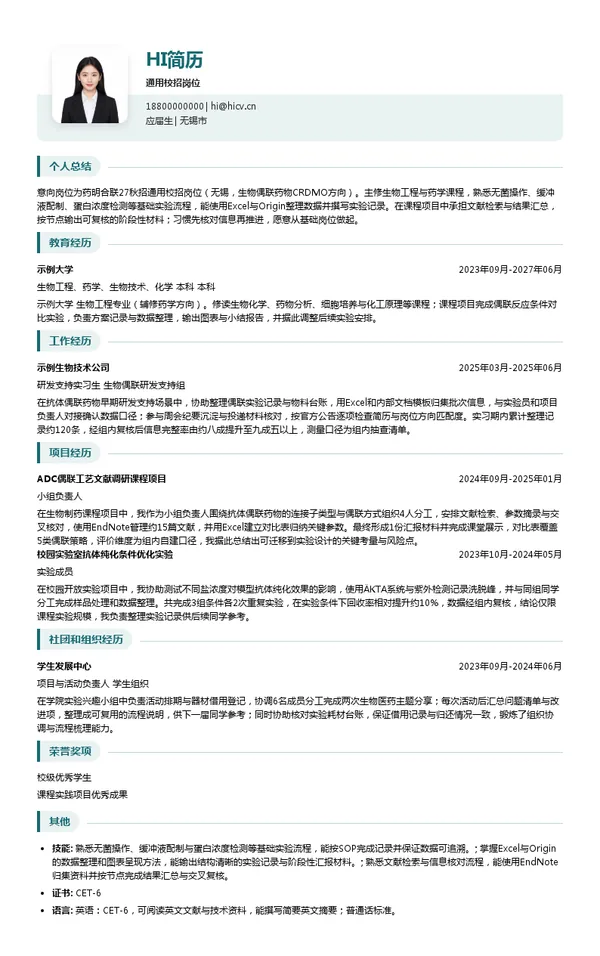 药明合联通用校招岗位投递简历模板