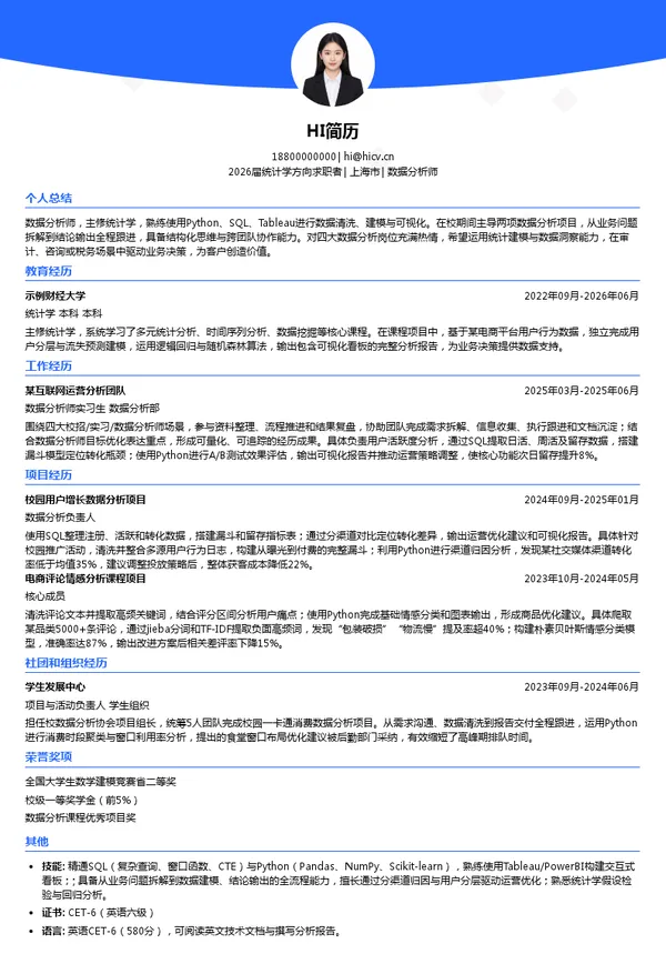四大数据分析师简历模板