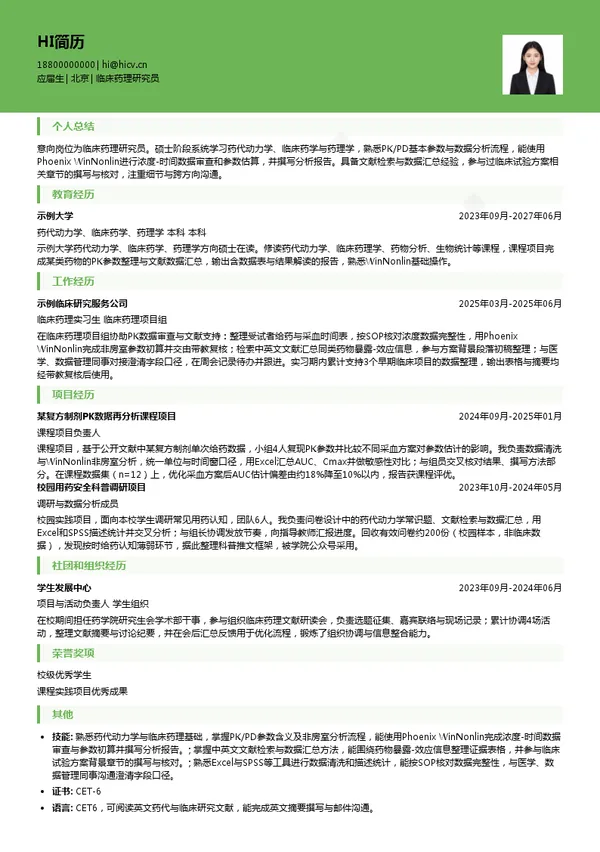 谋思医药临床药理研究员投递简历模板