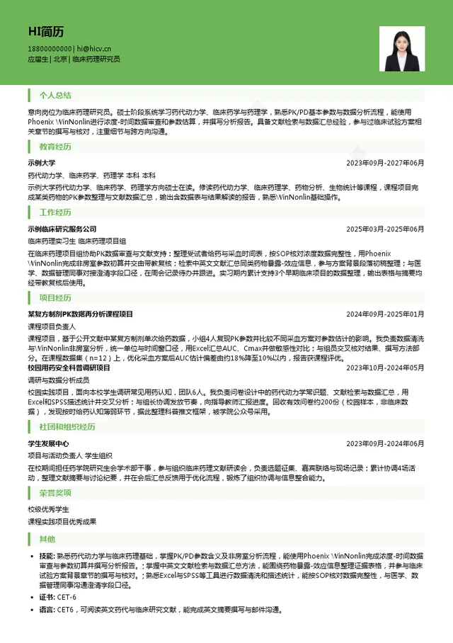 谋思医药临床药理研究员投递简历模板