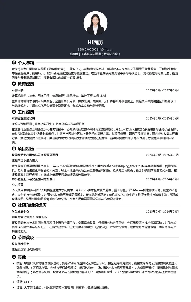 上海华讯网络系统有限公司IT架构咨询顾问（数字化方向）投递简历模板