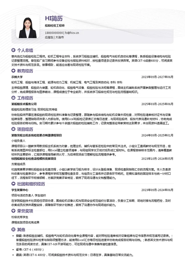 日本船级社(中国)有限公司船舶检验工程师投递简历模板
