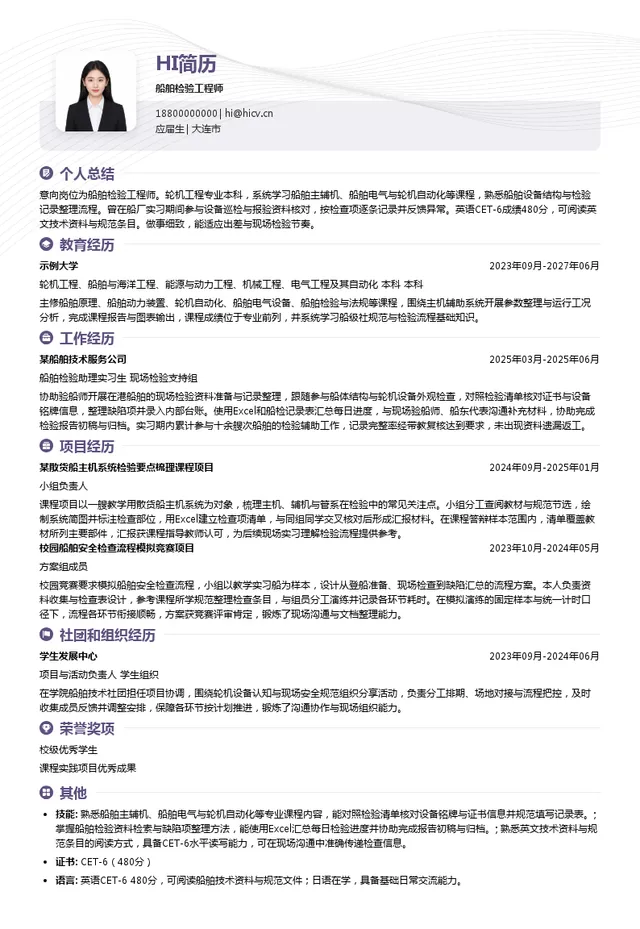 日本船级社（中国）有限公司船舶检验工程师投递简历模板