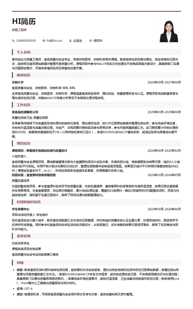 凤集食品集团有限公司质量工程师投递简历模板