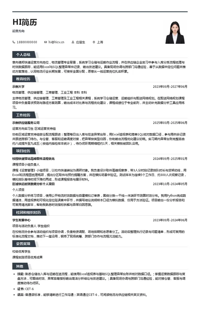 德邦快递运营方向投递简历模板