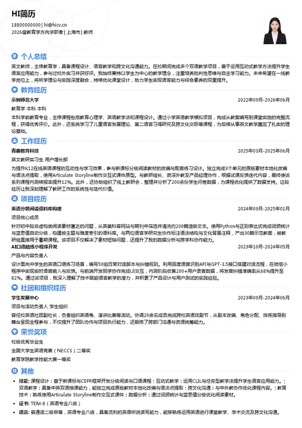 英文教师简历模板