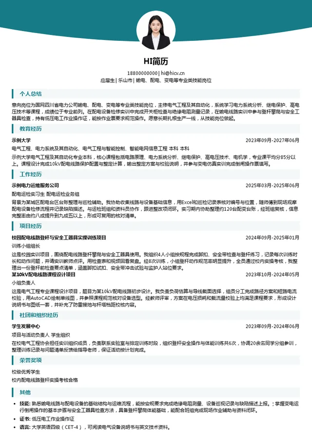 国网四川省电力公司输电、配电、变电等专业类技能岗位投递简历模板