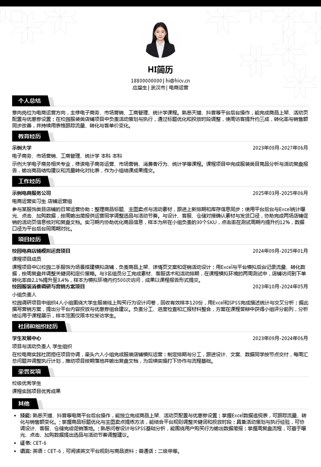 武汉品诚唯创商贸有限公司电商运营投递简历模板