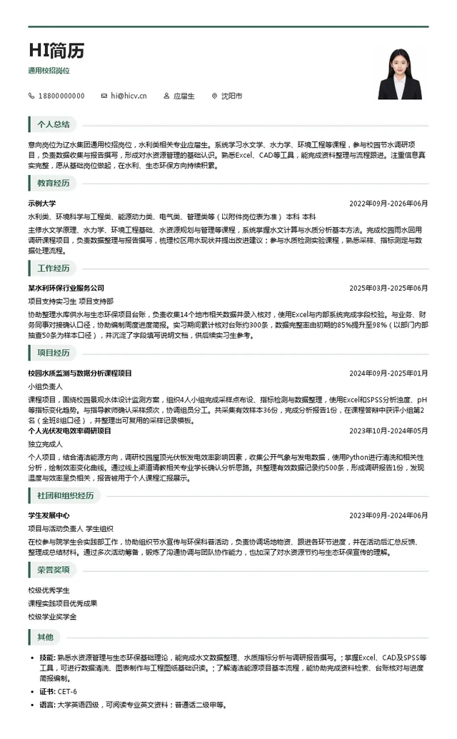 辽宁省水资源管理和生态环保产业集团有限责任公司通用校招岗位投递简历模板